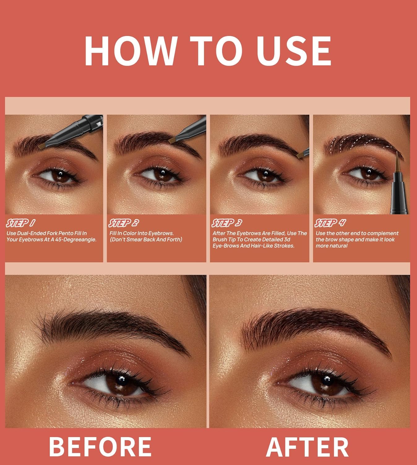 4-Fork Tip Microblading Eyebrow Pen With Brow Gel - 2-in-1 Waterproof Eyebrow Pencil, Long-Lasting Natural Hair-Like Brows, Smudge-Proof & Easy to Use (With Brow Gel 01#Light Brown)