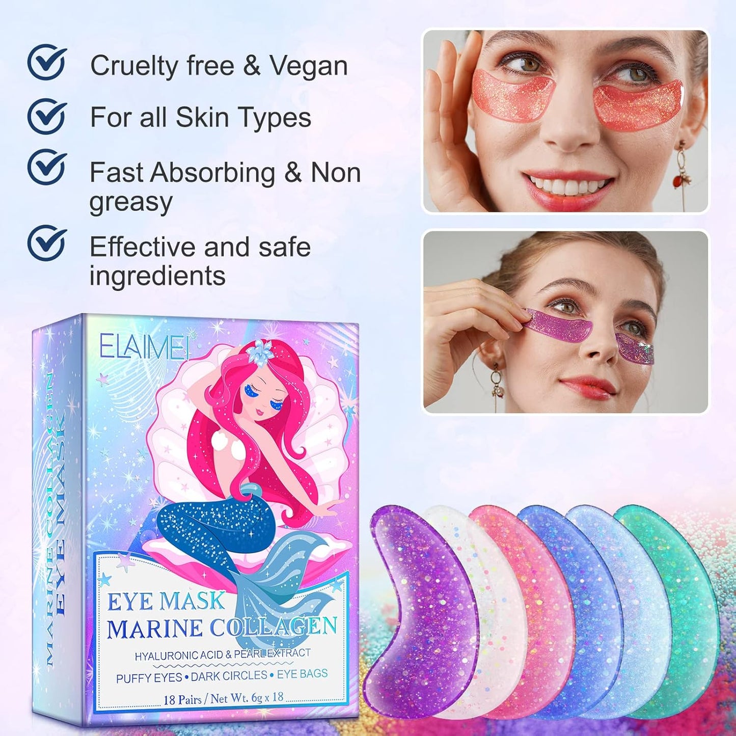 Under Eye Patches (18 Pairs) - Pearl Eye Mask with Natural Marine Collagen, Hyaluronic HA - Reduce Wrinkles, Puffy Eyes, Dark Circles, Eye Bags - Anti Aging Under Eye Masks, Eye Wrinkle Pads & Patches