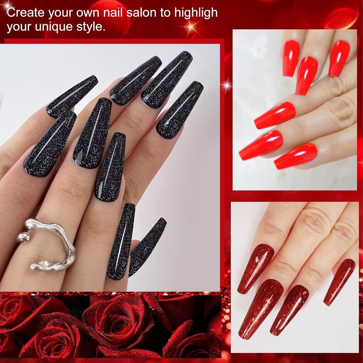 Honey Joy Dip Powder Nail Kit Starter,4 Colors Deep Red Glitter Holographic Black Dipping Powder Liquid Set with Base Top Coat for Nail Art Manicure Salon DIY No LED Nail Lamp Needed, Dip-7pcs-08