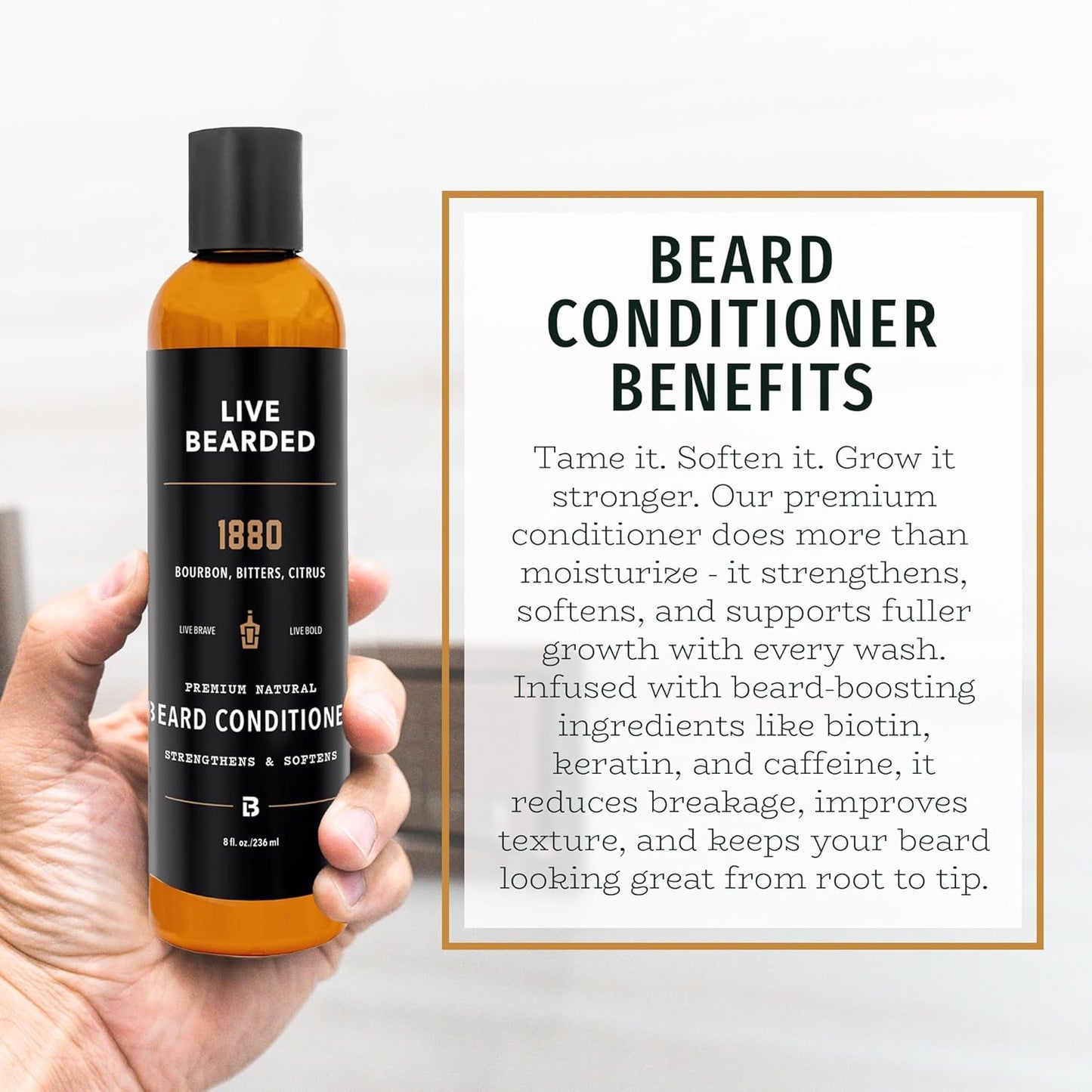 Live Bearded Beard Conditioner, 8 fl oz - Strengthens and Softens Facial Hair - Made in the USA - All-Natural Ingredients with Biotin, Caffeine | 1880 Scent - Bourbon, Bitters, Citrus