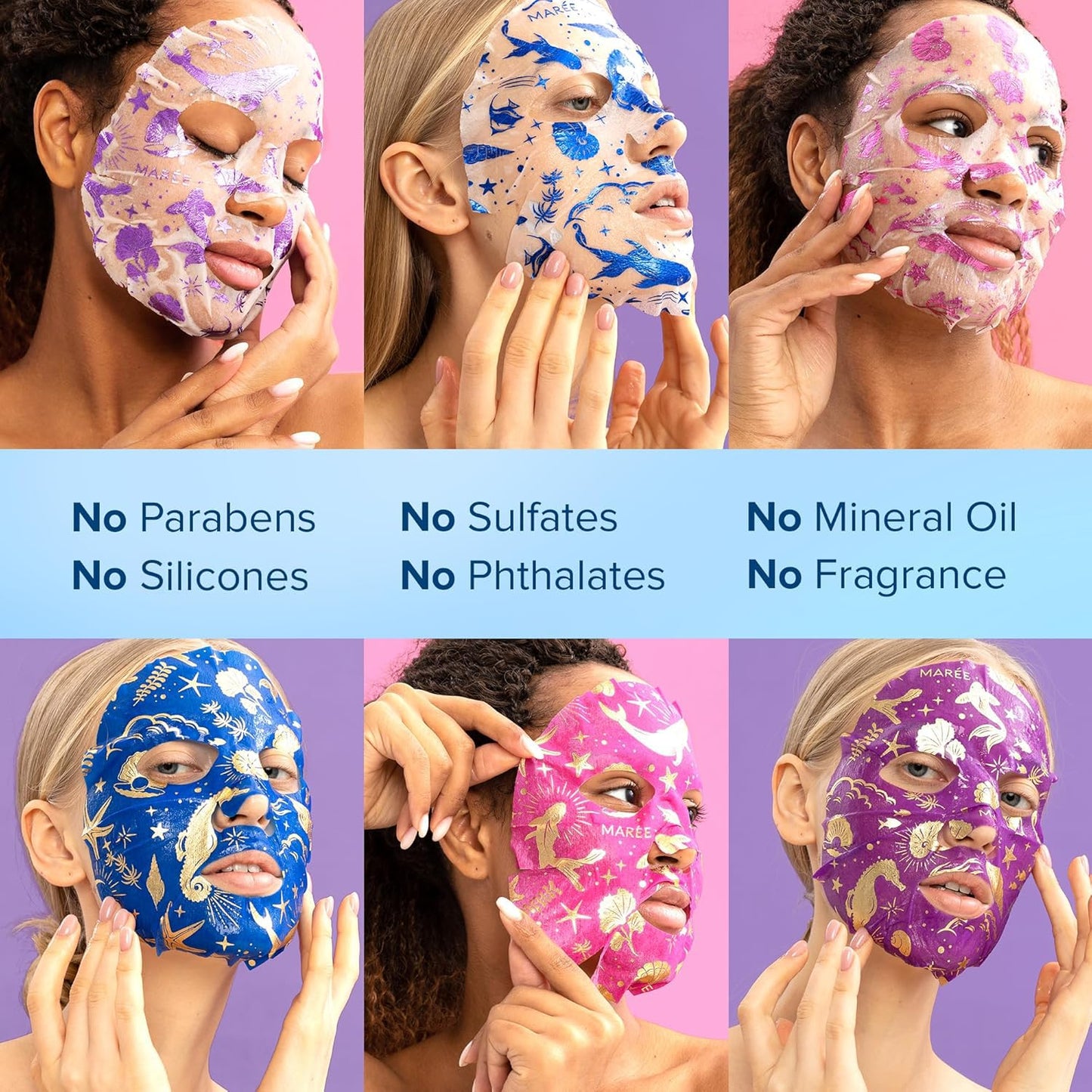 MAREE Collagen Facial Mask with Hyaluronic Acid 2 PACK - Hydrating Face Masks Skincare - Mascarillas Faciales For Women Skin Care - Multicolor, 12 Count