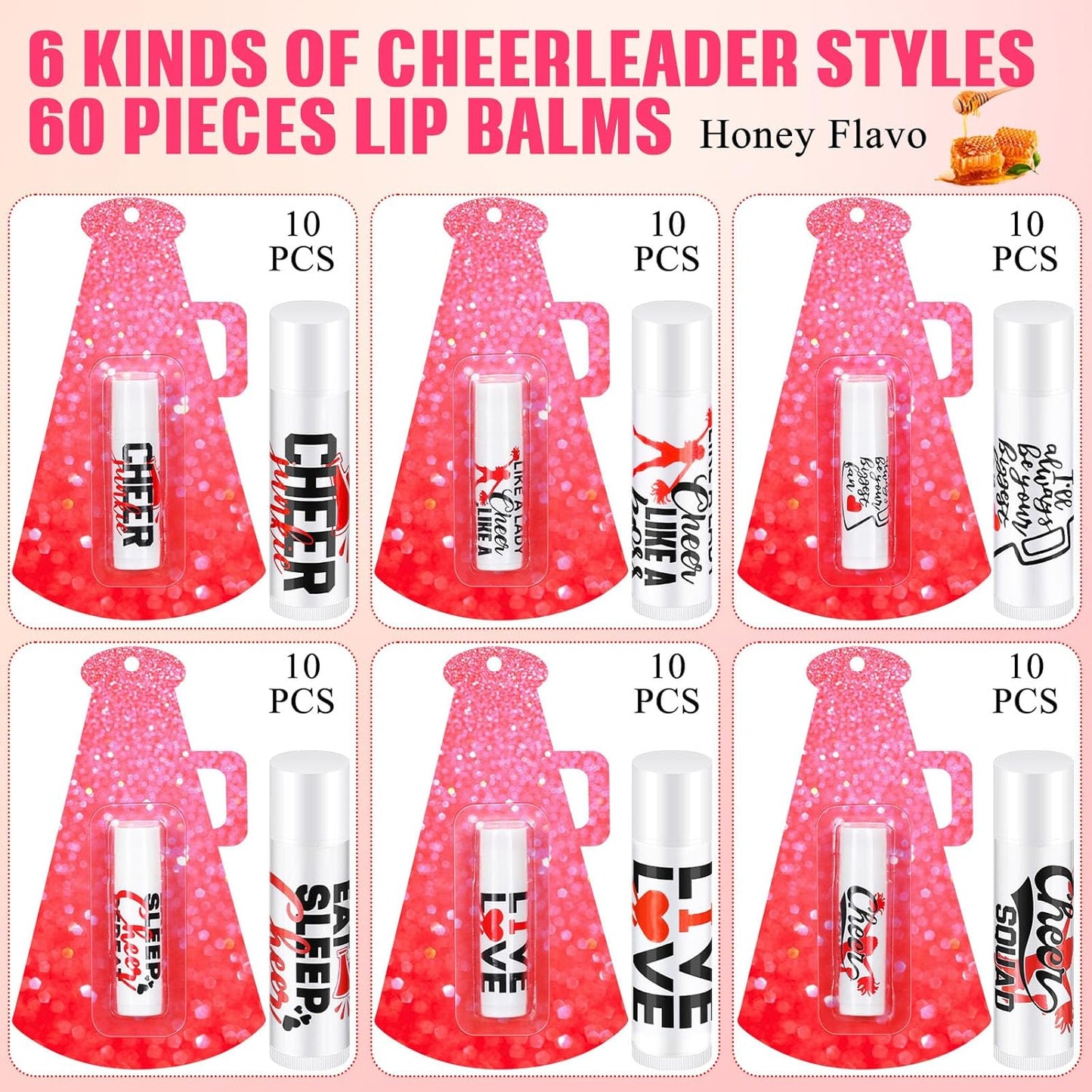 60 Pcs Cheerleading Lip Balm Bulk Cheer Teams Lip Balm Gifts Set Honey Moisturizing Lip Care Flavor Hydration Dry Chapped Lips for Men Women Children(Red)