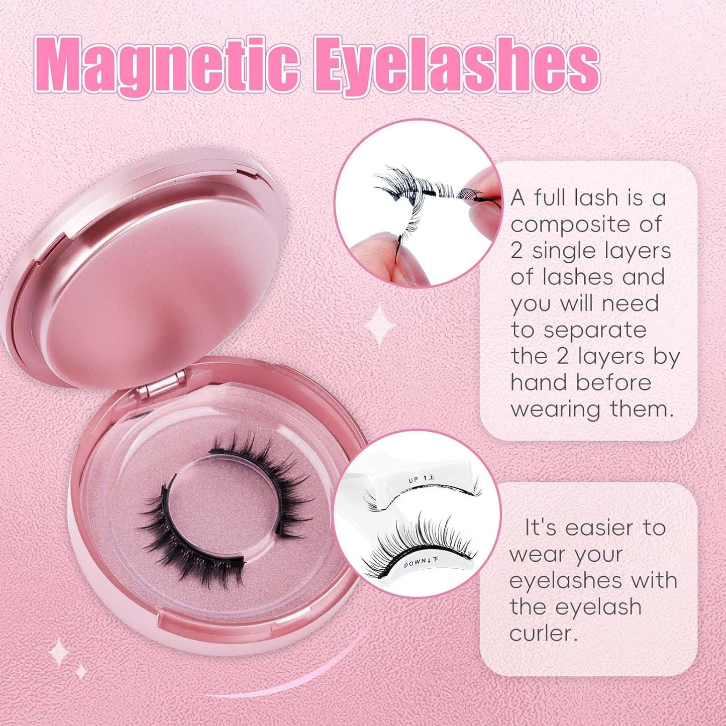 FADLASH Magnetic Eyelashes with Applicator 2 Pairs Waterproof Cat Eye Magnetic Lashes Natural Look Reusable Easy to Wear and Remove, Black (MC+WJ26)