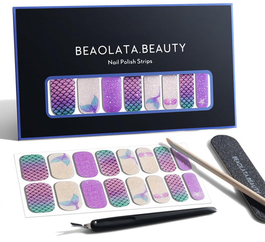 Nail Polish Strips, 32PCS Salon Quality Wraps, Long Lasting Gel Nail Stickers for Women Easy Apply& Remove (Dark Purple&Glitter)