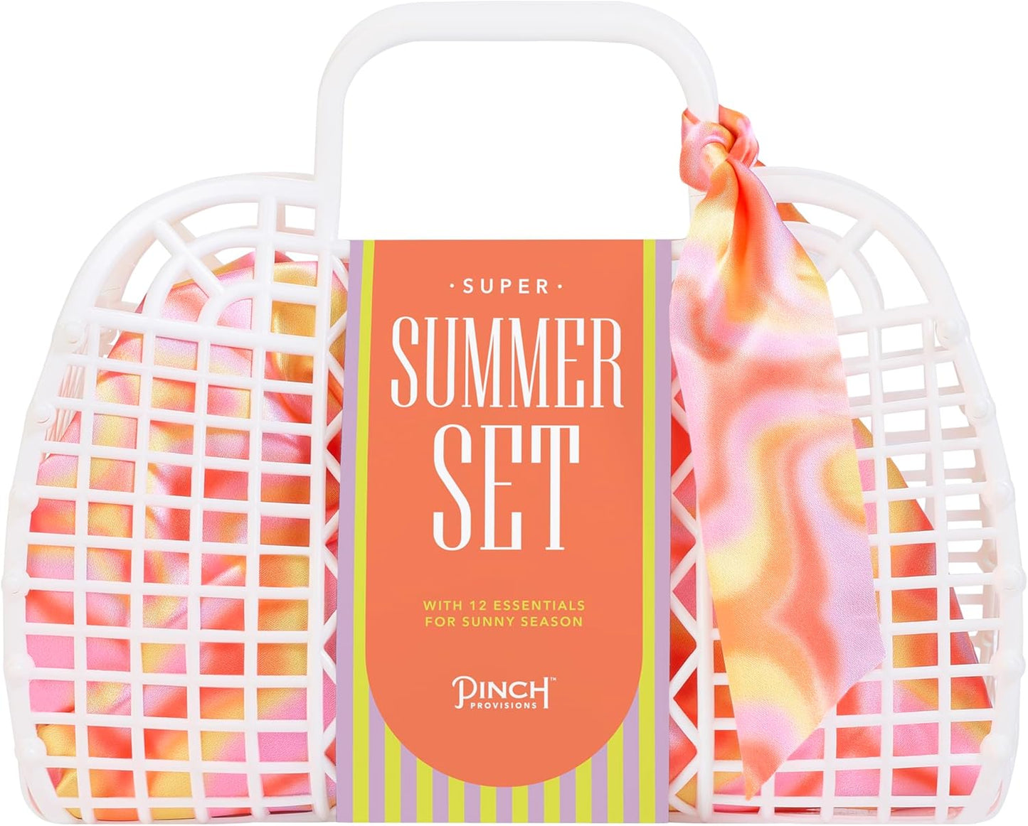 Pinch Provisions Super Summer Jelly Tote, 12 Beach & Poolside Accessories For Beauty, Perfect for Pool & Beach Days, Includes Oil Absorbing Roller, Rechargable Fan, Towel Clips, & Ice Roller