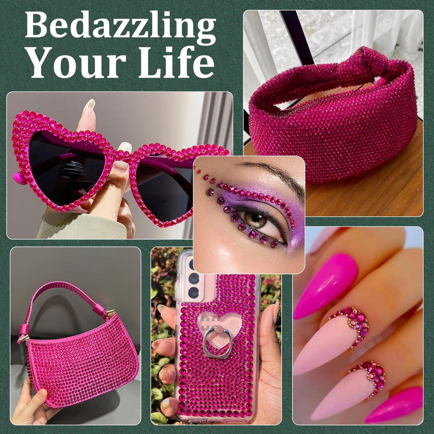 Resin Rhinestones for Crafting with B7000 Jewelry Glue, 2 Boxes Hot Pink Flatback Crystals with 3Pcs 10ml Glue for Bedazzling Crafts DIY Nail Art Makeup，Non Hotfix Gems for Clothing Shoes