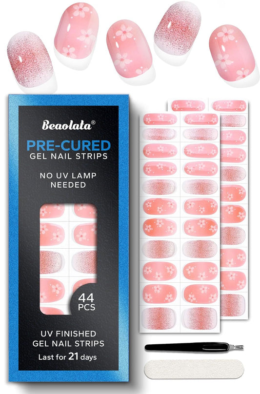 Pre Cured Gel Nail Strips - 44PCS Salon Quality Gel Nail Stickers - Long Lasting Polish Wraps for Women no UV Light Needed Easy Apply& Remove (BloomPink)