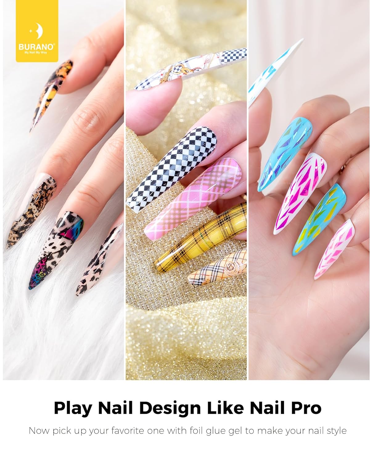 BURANO Nail Art Nail Foil Glue Gel, o.5 oz with 10PCS Foil Stickers Set Lace Nail Foil Glue for Nails Foil Transfer Gel, Nail Design Home DIY UV LED Lamp Required 28