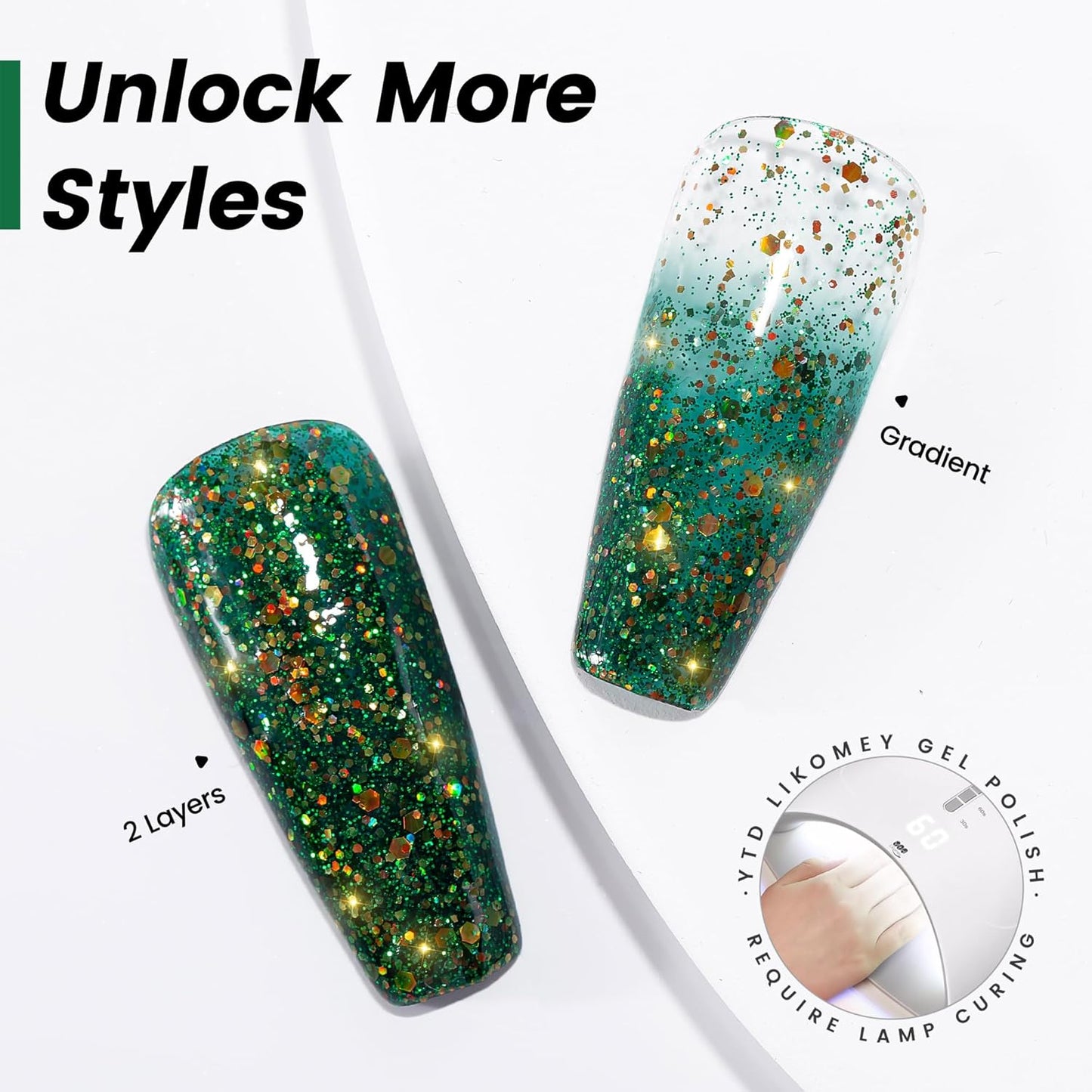 YTD Likomey Glitter Gel Nail Polish,15ml Sparkling Colorful Green Glitter Fall Winter Salon Home DIY UV Manicure Color Varnish,SF359