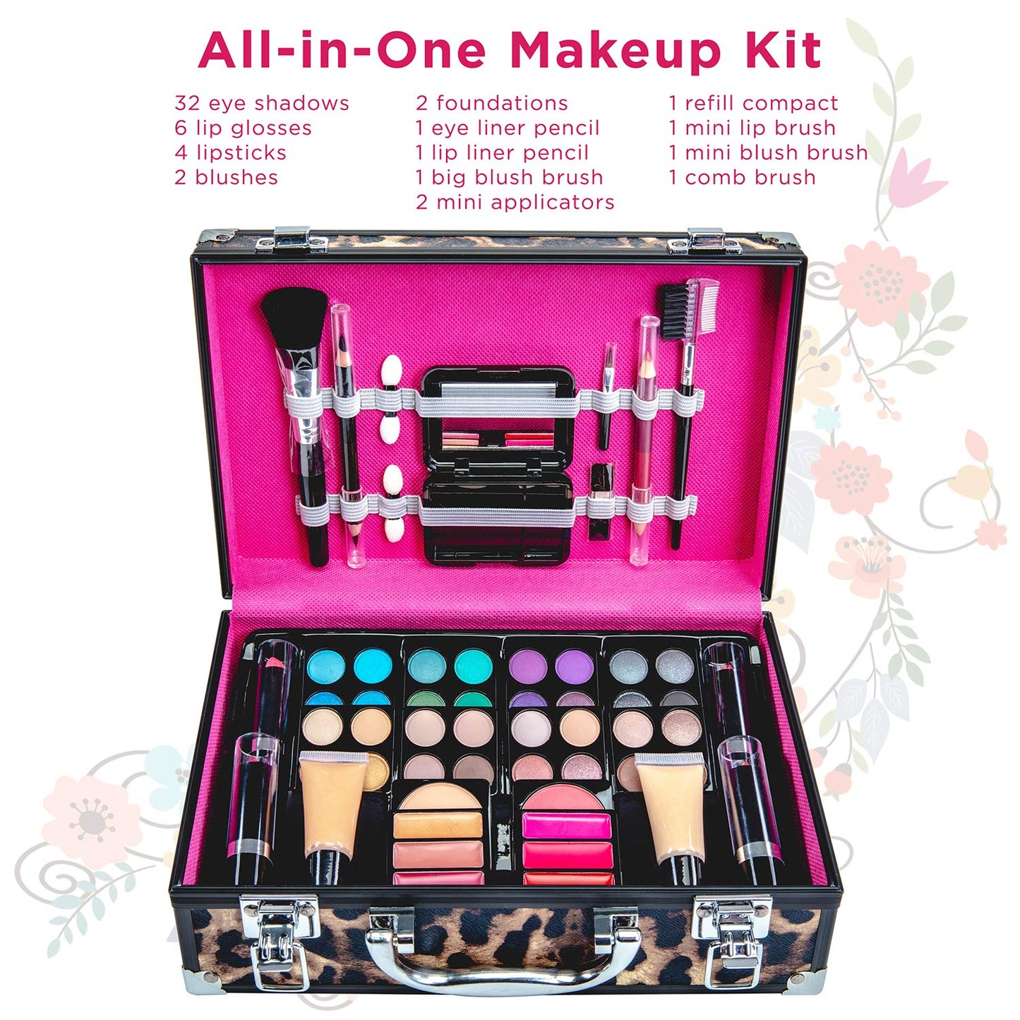 Makeup Kit Gift Set – 79 Piece - 32 Eye Shadows, 2 Blushes, 2 Lip Glosses, 2 Lipsticks, 2 Eye Liner Pencils, 1 Lip Liner Pencil, 1 Mascara - Case with Carrying Handle