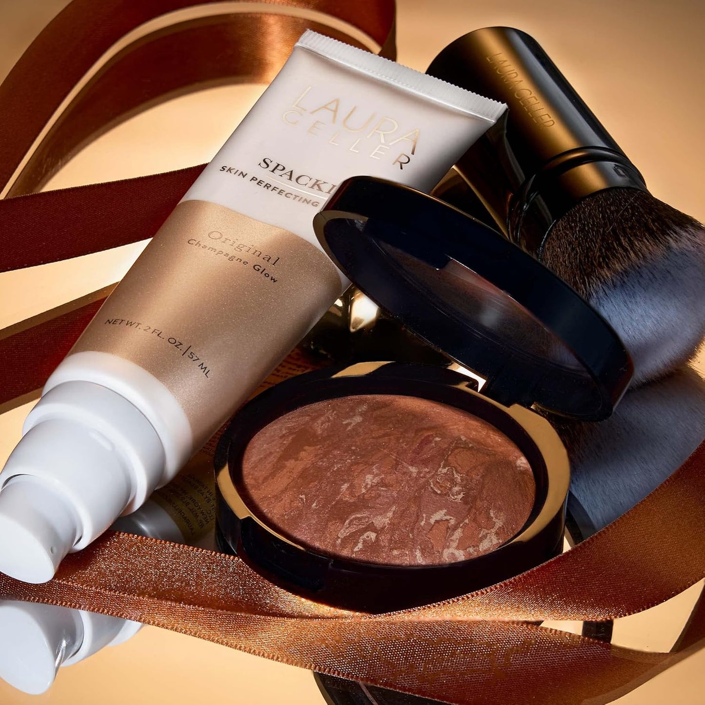 LAURA GELLER NEW YORK Ready-n-Radiant Kit (3 PC) - Baked Bronze-n-Brighten, Deep + Spackle Super-Size Skin Perfecting Primer, Champagne Glow + Retractable Angled Kabuki Brush