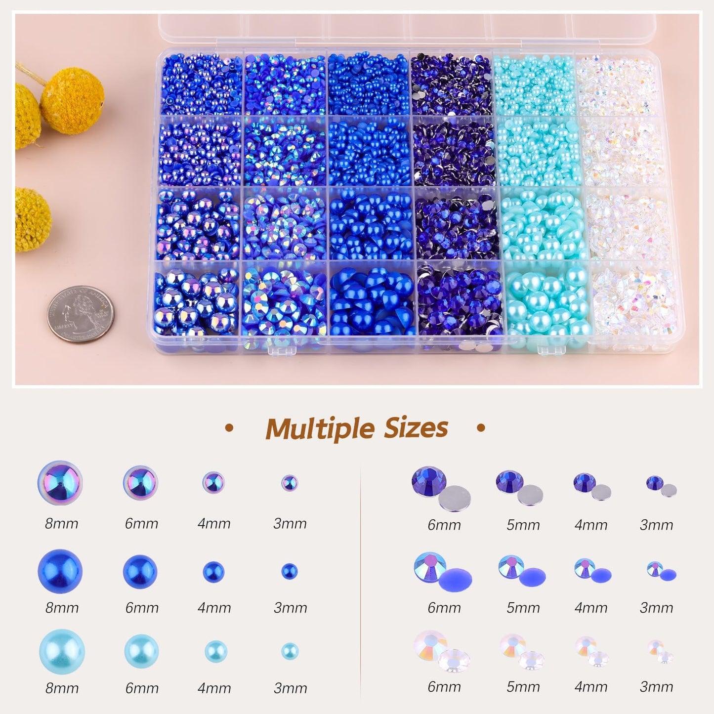 9000PCS Flatback Pearls and Rhinestones for Crafting, Dark Blue Mixed Size 3-10mm Resin Rhinestones and Half Pearls for Bedazzling, Nail Art and Decoration with Tweezer and Pickup Pencil