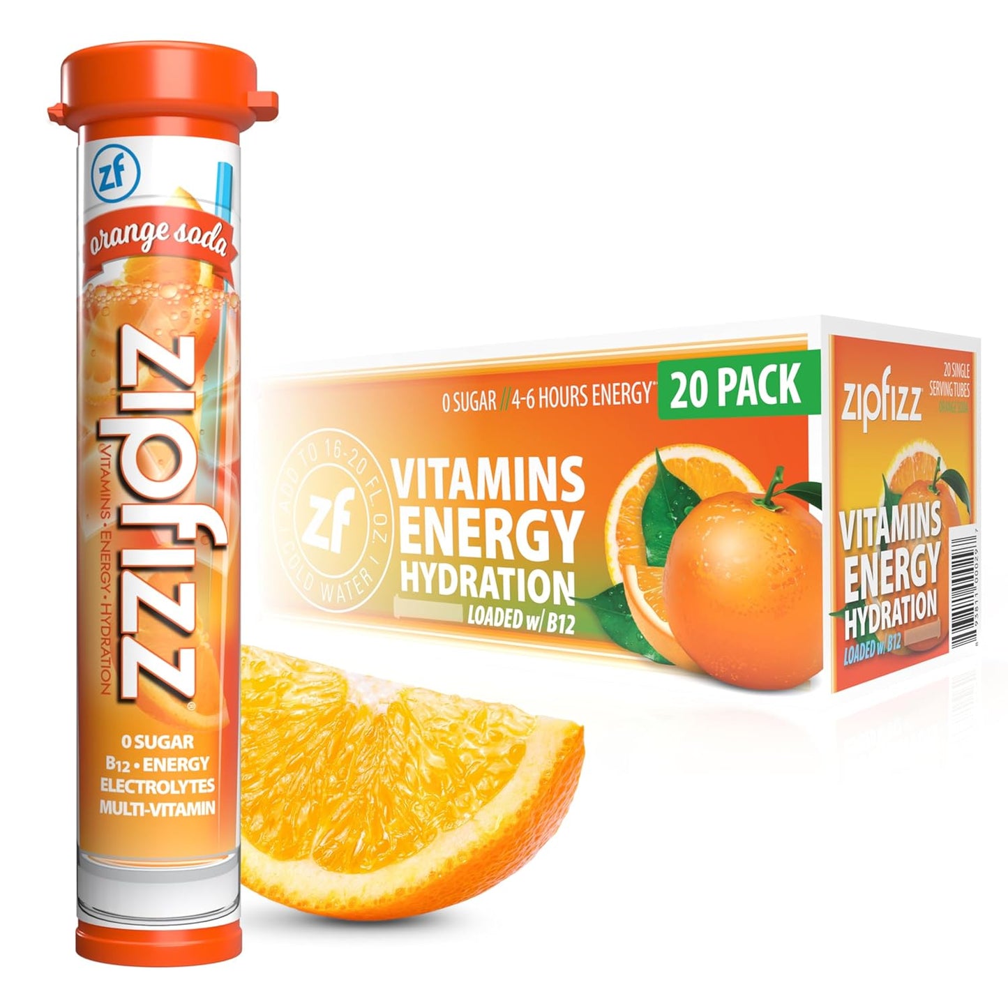 Zipfizz Daily Energy Drink Powder, Orange Soda, 20 Pack | 3-in-1 Sustained Energy, Rapid Hydration, and Essential Vitamins | Sugar-Free | Electrolyte Powder | Contains Vitamin B-12 & Antioxidants