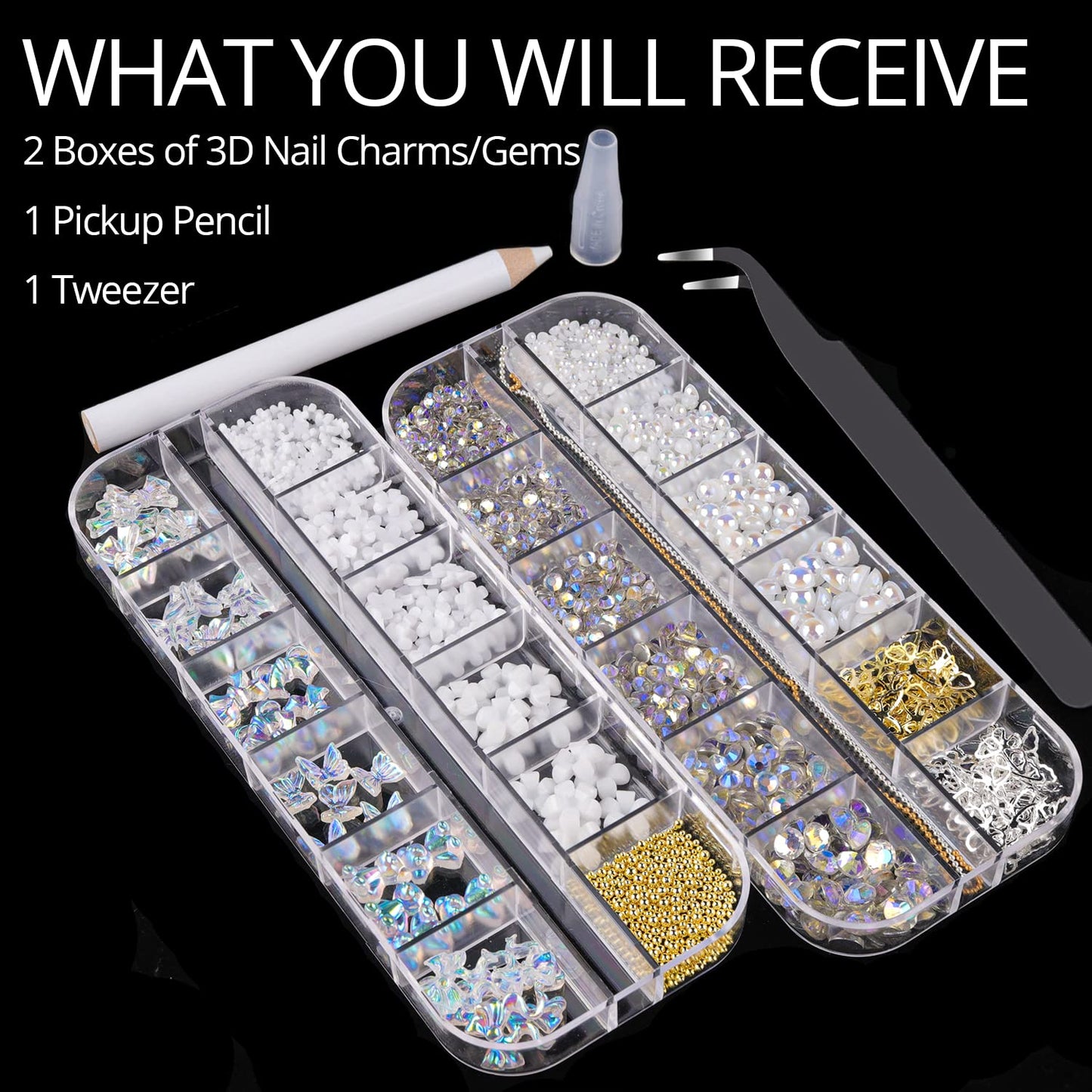 Mixed 3D Nail Art Gem Decoration Accessories Kit #8, Aurora Bear Bow Butterfly Starry AB Rhinestone Charm Jewelry for Deco, Pearl Flower Caviar Bead Stone Crystal with Pickup Pencil and Tweezer