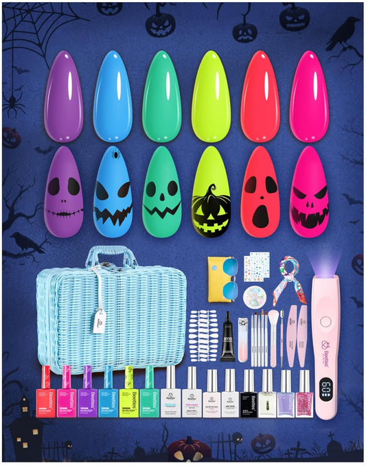 Beetles Halloween Gel Nail Polish Set with Mini LED Nail Lamp Purple Red Green Yellow Gel Polish with Base Top Coat Nail Art Brushes Salon DIY Gift Basket for Women