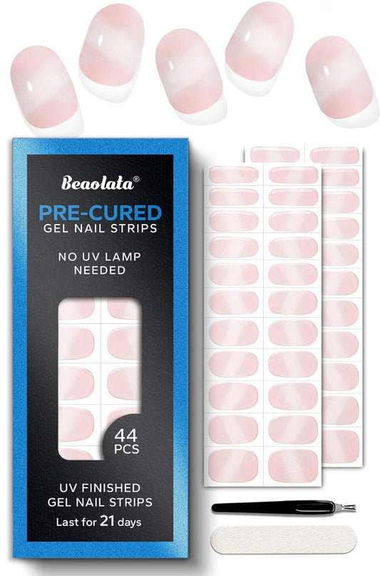 Pre Cured Gel Nail Strips - 44PCS Salon Quality Gel Nail Stickers - Long Lasting Polish Wraps for Women no UV Light Needed Easy Apply& Remove (Chic Pink）