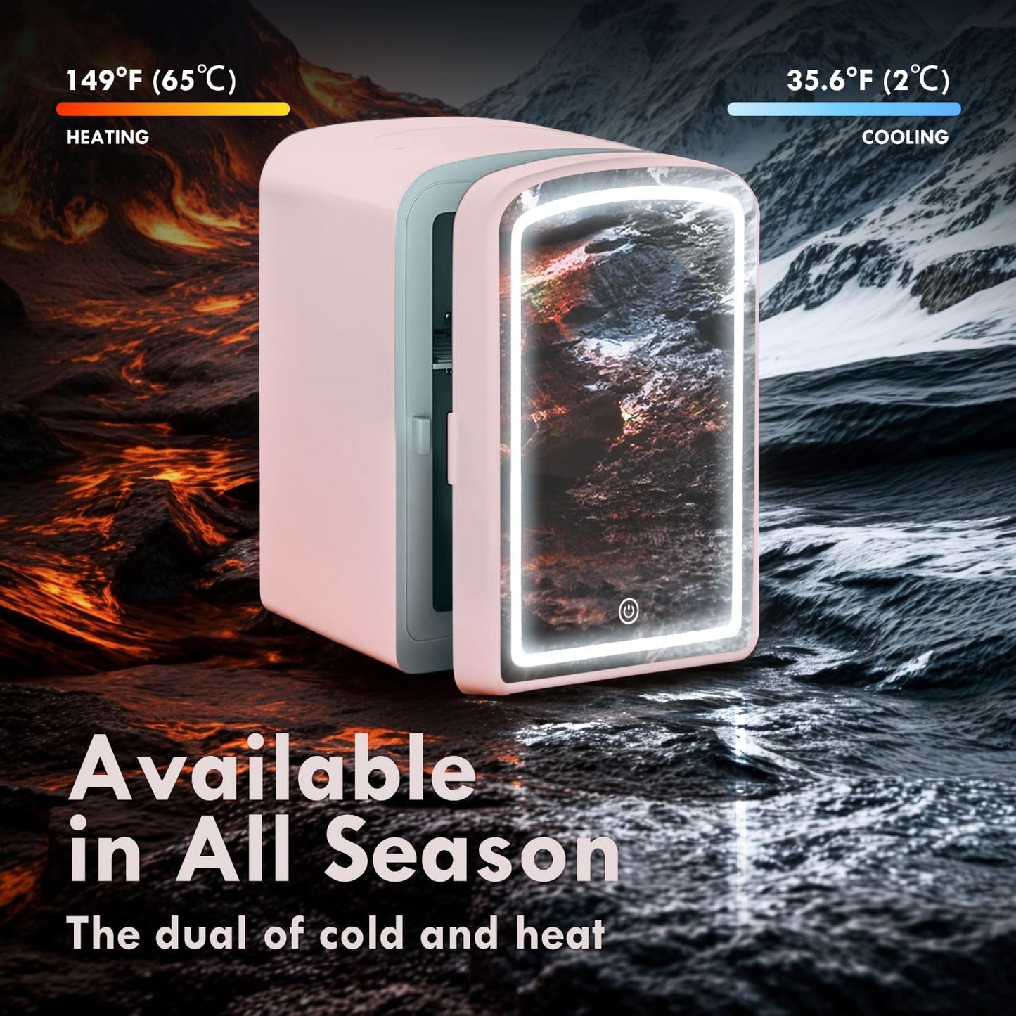 Mini Fridge for Skin Care, 4 Liter Portable Small Fridge with Dimmable LED Mirror, Hot or Cold Personal Beauty Refrigerator for Bedroom, Office, Car, Makeup(Pink)