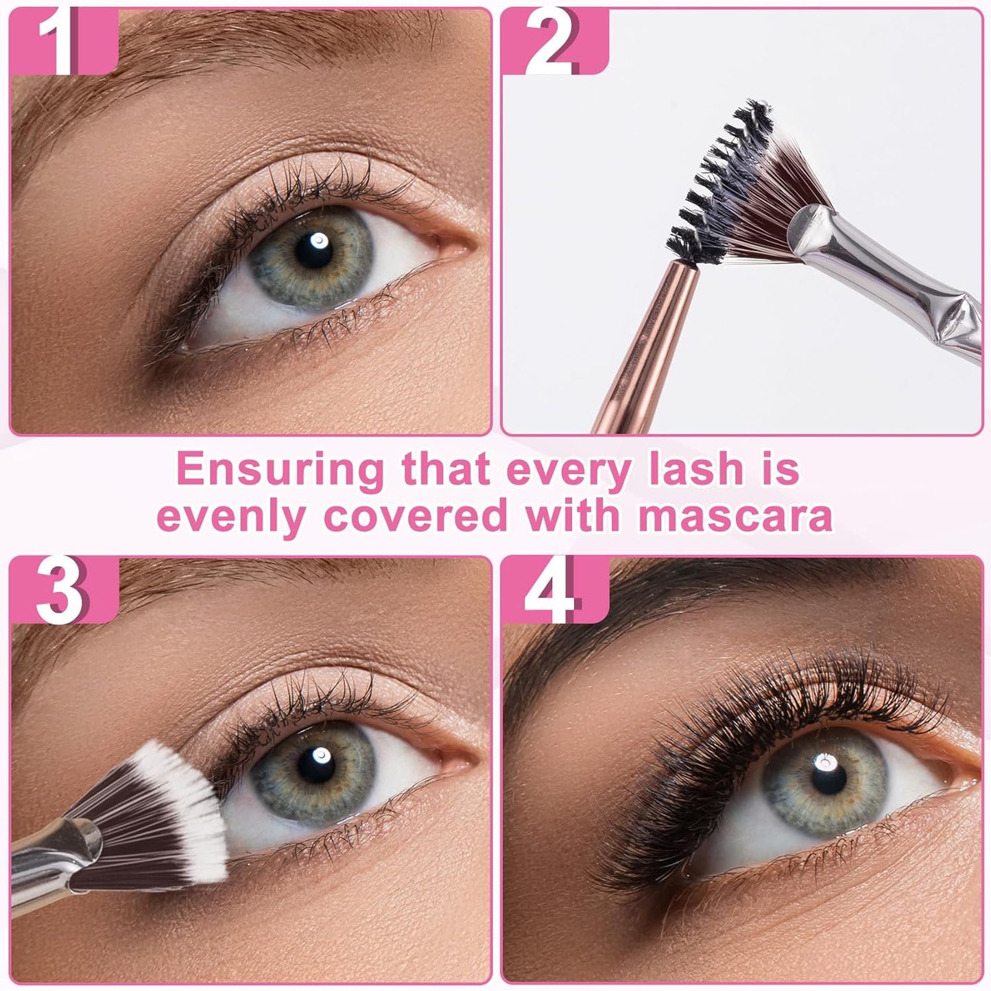 PAGOW 2pcs Folding Angle Scalloped Lash Brush, Eyelash Comb Separator Makeup Tool, Multifunctional Mascara Fan Brush with Soft Bristles for Upper Lower Eye Lash (Brown Bristles)