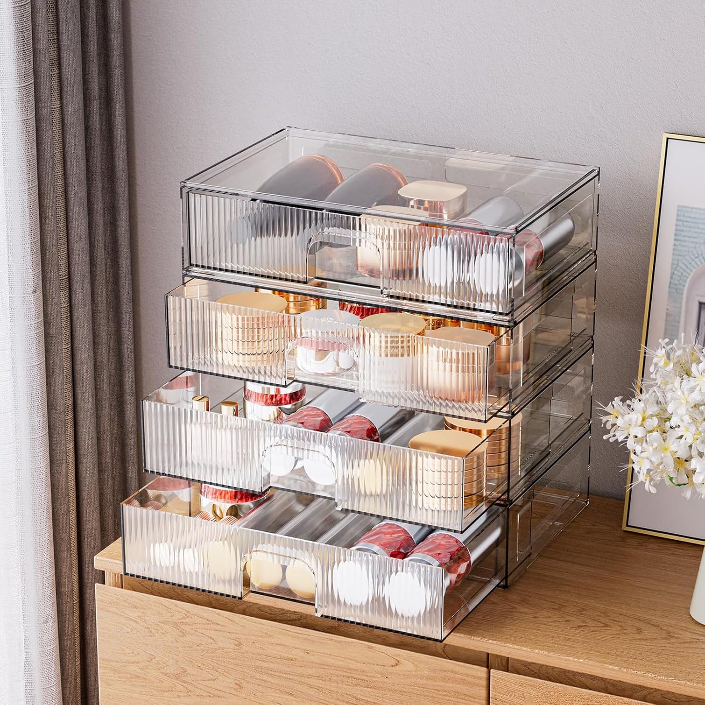 ZHIAI Stackable Storage Drawer, 4 Piece Acrylic Organiser for Cosmetics and Beauty Products, Suitable for Dressers, Bathrooms, Cabinets, Storage Rooms, Bedrooms and Home Organisers