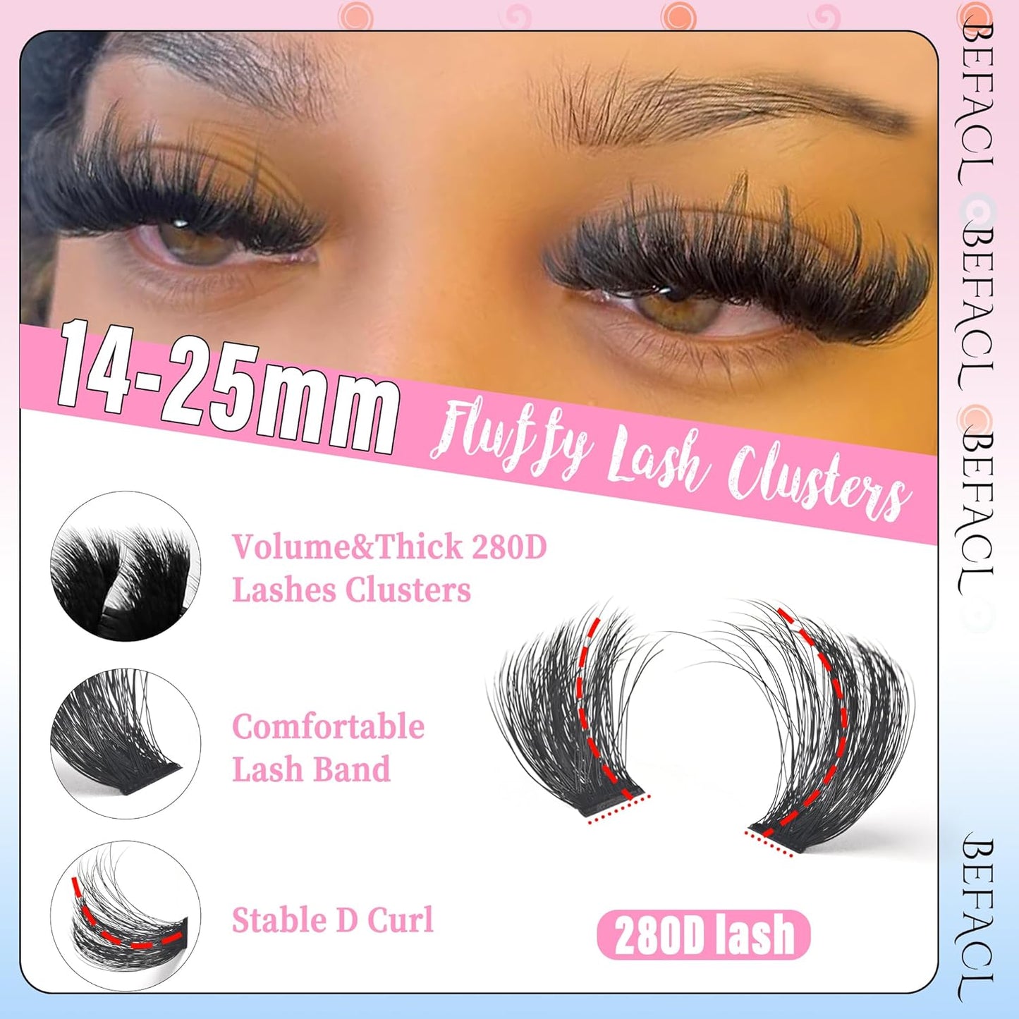 Lash Clusters Kit Fluffy Eyelash Extensions Kit 280D Individual Eyelashes Kit 14-25mm DIY Lashes Extension Kit with Lash Bond and Seal, Lash Applicator, Mega Volume False Eyelashes Kit by BEFACL