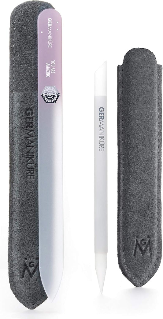 GERMANIKURE 2 Pc Glass Bundle - Crystal Glass Cuticle Stick & You are Amazing Nail File in Suede Sleeves – Handmade in Czech Republic – Professional Manicure Supplies – Cuticle Pusher, Callous Remover