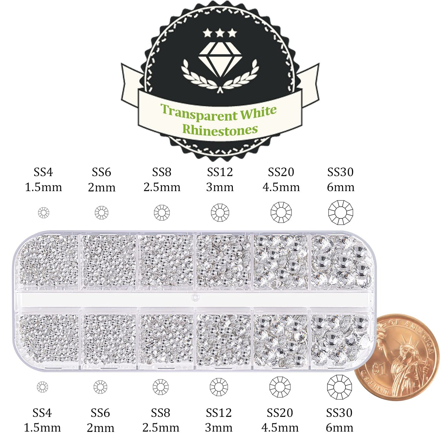 One Pack 2000 Pcs of Flatback Transparent White Clear Round Crystal Rhinestones 6 Sizes (1.5-6 mm) with Nail Art Rhinestone Picker Pencil and Tweezer for DIY and Salon Use