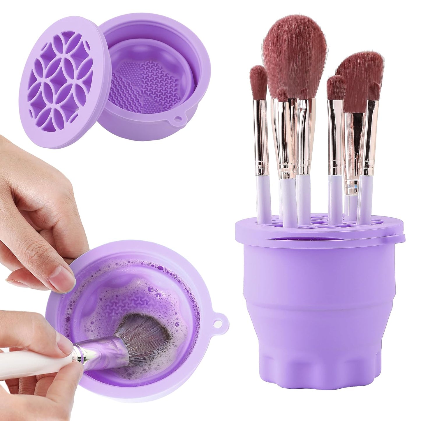 Makeup Brush Cleaner - Foldable Silicone Makeup Brush Cleaner Mat with Brush Storage Holder Makeup Brush Cleaning Bowl Cosmetic Brush Washing Tool for Cleaning Organizer and Drying (Purple)