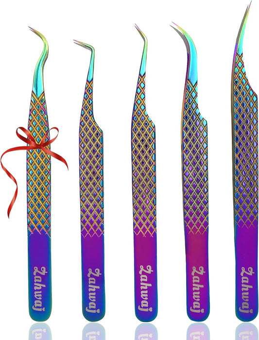Lash Tweezers - Set of 5 Diamond Grip Eyelash Tweezers - Stainless Steel Professional Fiber Tip Lash Tweezer for Eyelash Extensions (Rainbow)