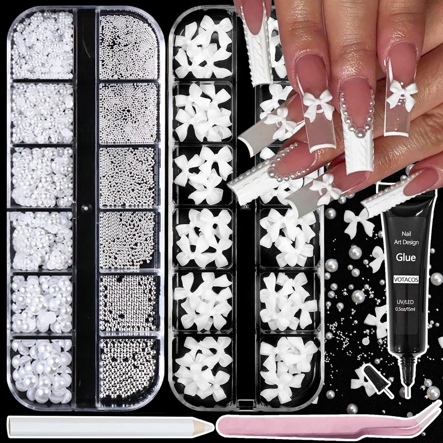 Bow Nail Art Charms with Rhinestones Glue Gel White Flatback Pearls Luxurious Nail Charms Supplies Accessories White Pearls Silver Steel Ball Nails Gems Jewelry for Women Nails Design