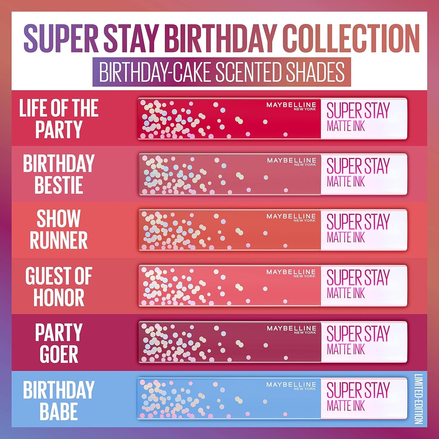 Maybelline New York Super Stay Matte Ink Liquid Lipstick, Transfer Proof, Long Lasting, Limited Edition Birthday Cake Scented Shades, Party Goer, 0.17 Fl Oz