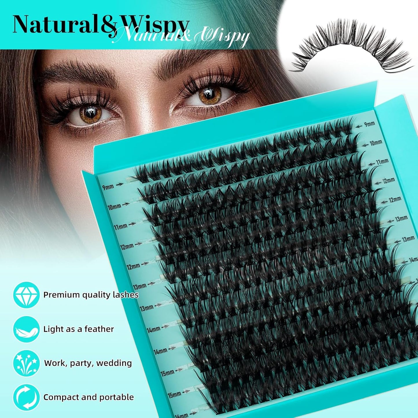 Lash Clusters 240pcs Eyelashes Cluster Individual Wispy Lashes Thin Band for D Curl Lash Extension Eyelashes for Beginners at Home,False Eyelashes Soft Eyelash Clusters(50D,D-Mix9-16mm)