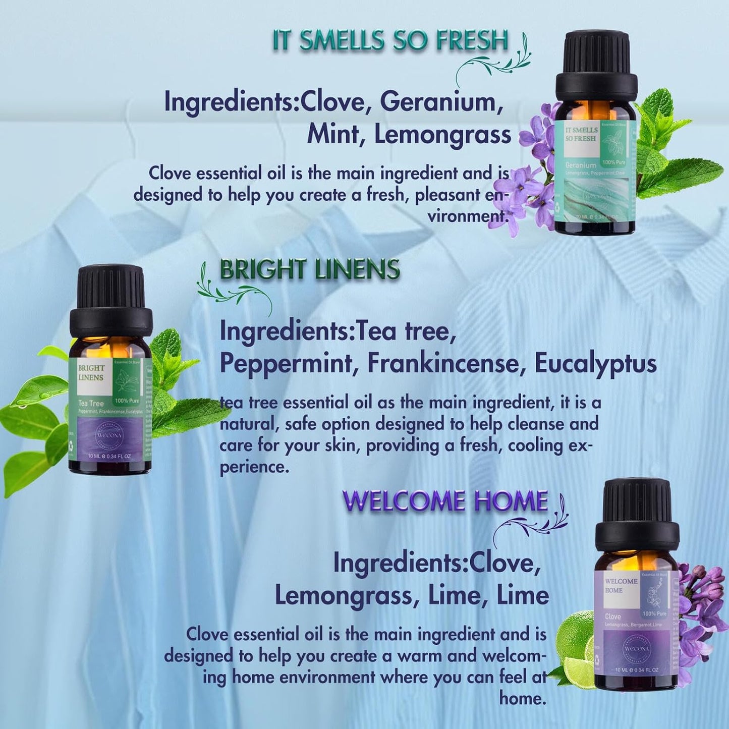 Essential Oils for Laundry - 100% Pure Essential Oils for Diffusers for Home,6x10ml(Clean)- Aromatherapy Oils for Soap,Candle Making,Humidifiers,Dryer Balls