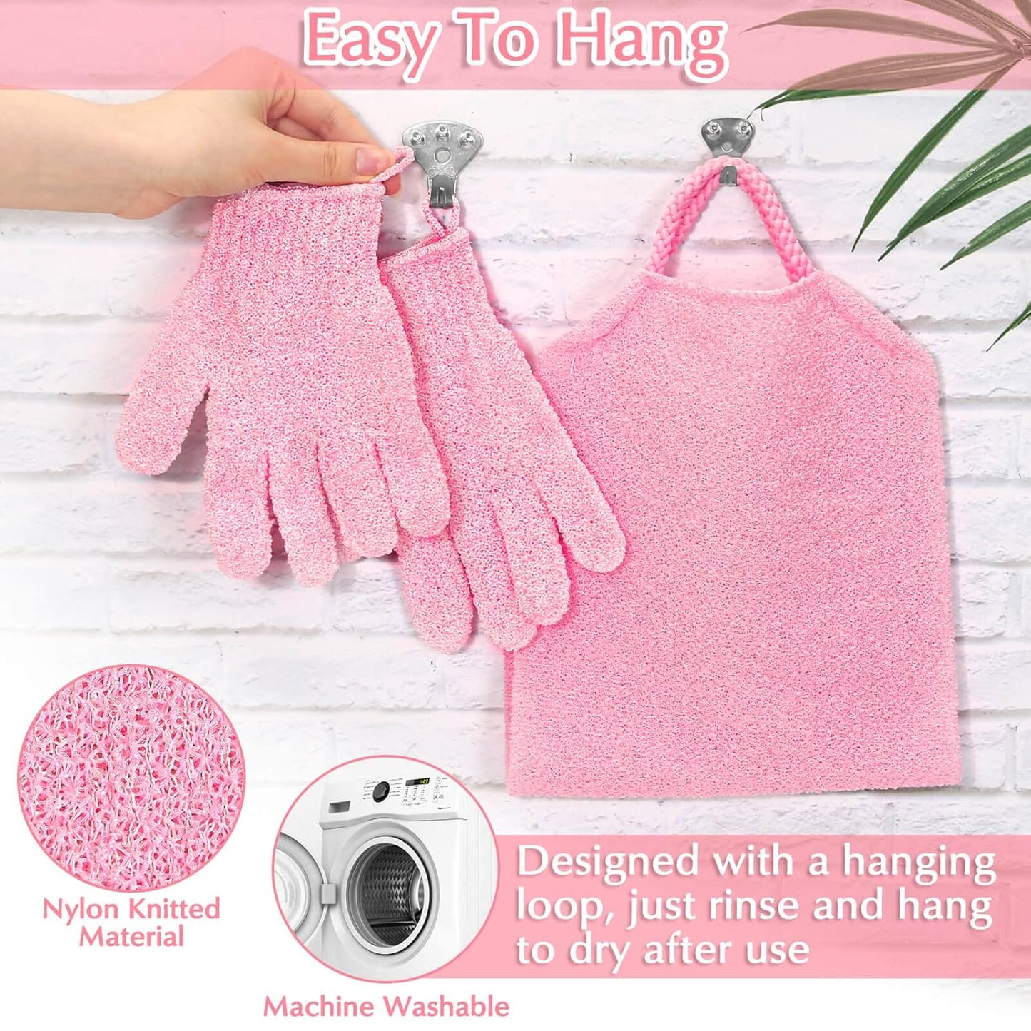 Anezus Exfoliating Shower Bath Gloves Back Scrubber Set for Body, Face, Shower, Bath, Scrub and Exfoliator (Pink)