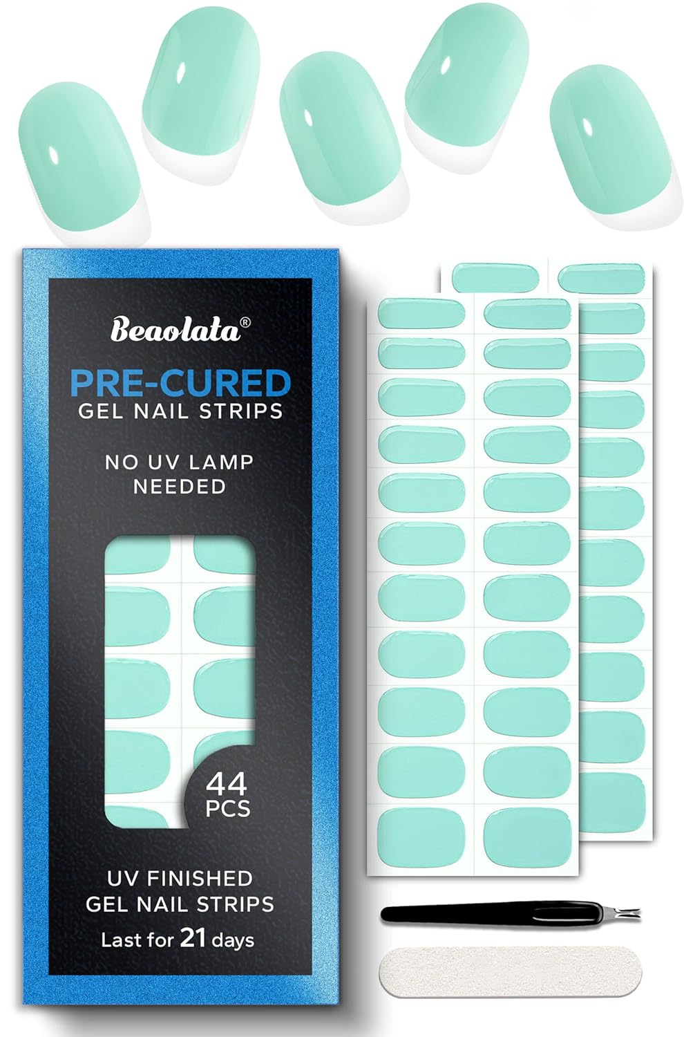 Pre Cured Gel Nail Strips - 44PCS Salon Quality Gel Nail Stickers - Long Lasting Polish Wraps for Women no UV Light Needed Easy Apply& Remove (Honeydew Green)