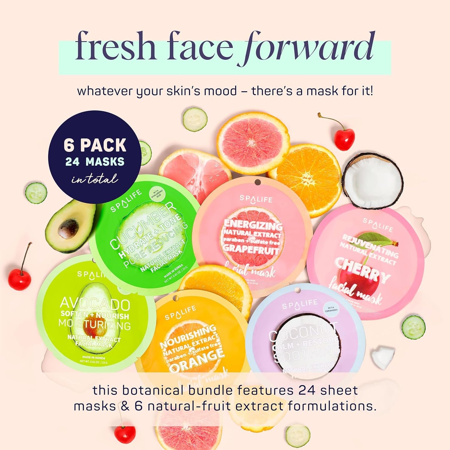 SpaLife Beauty Fruit Facial Sheet Masks 24 Pack – Face Masks Skincare Set – Hydrating Face Masks – 6 Natural Fruit Extract Formulas – Orange, Grapefruit, Coconut, Cherry, Avocado, Cucumber
