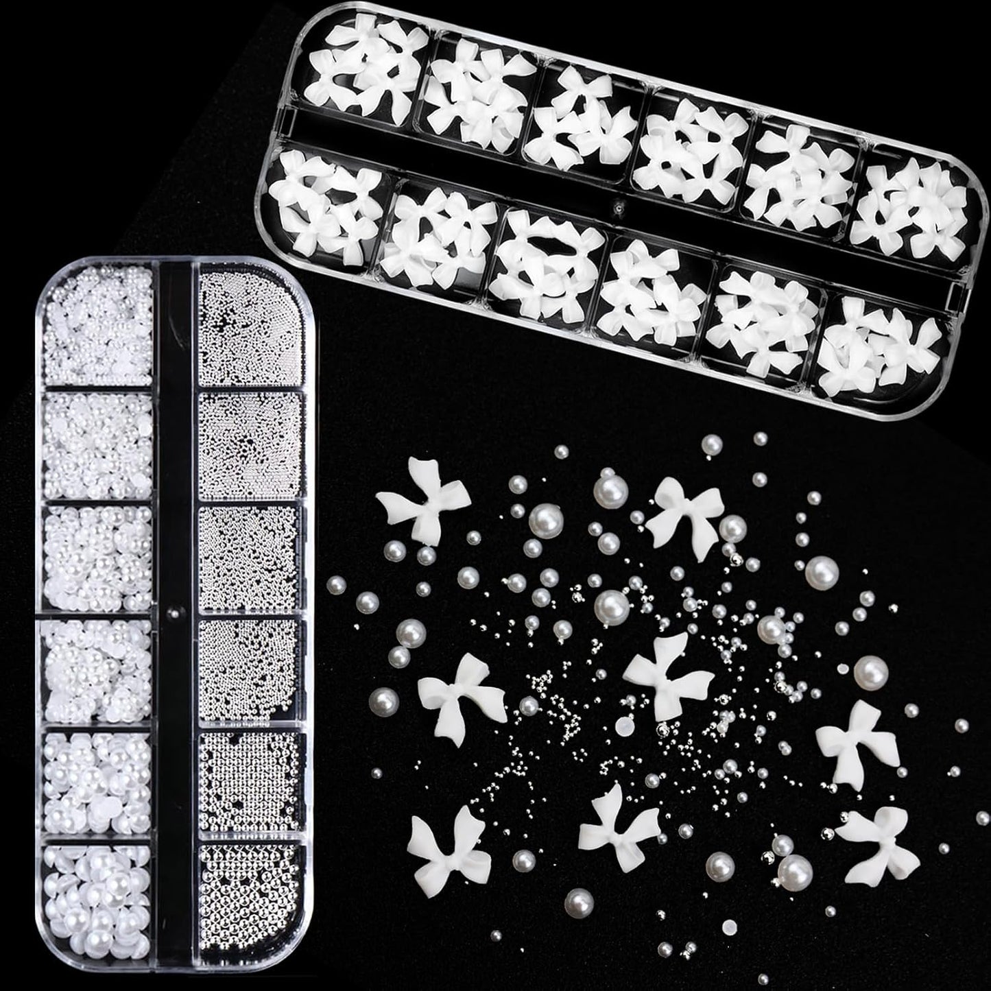 Bow Nail Art Charms with Rhinestones Glue Gel White Flatback Pearls Luxurious Nail Charms Supplies Accessories White Pearls Silver Steel Ball Nails Gems Jewelry for Women Nails Design