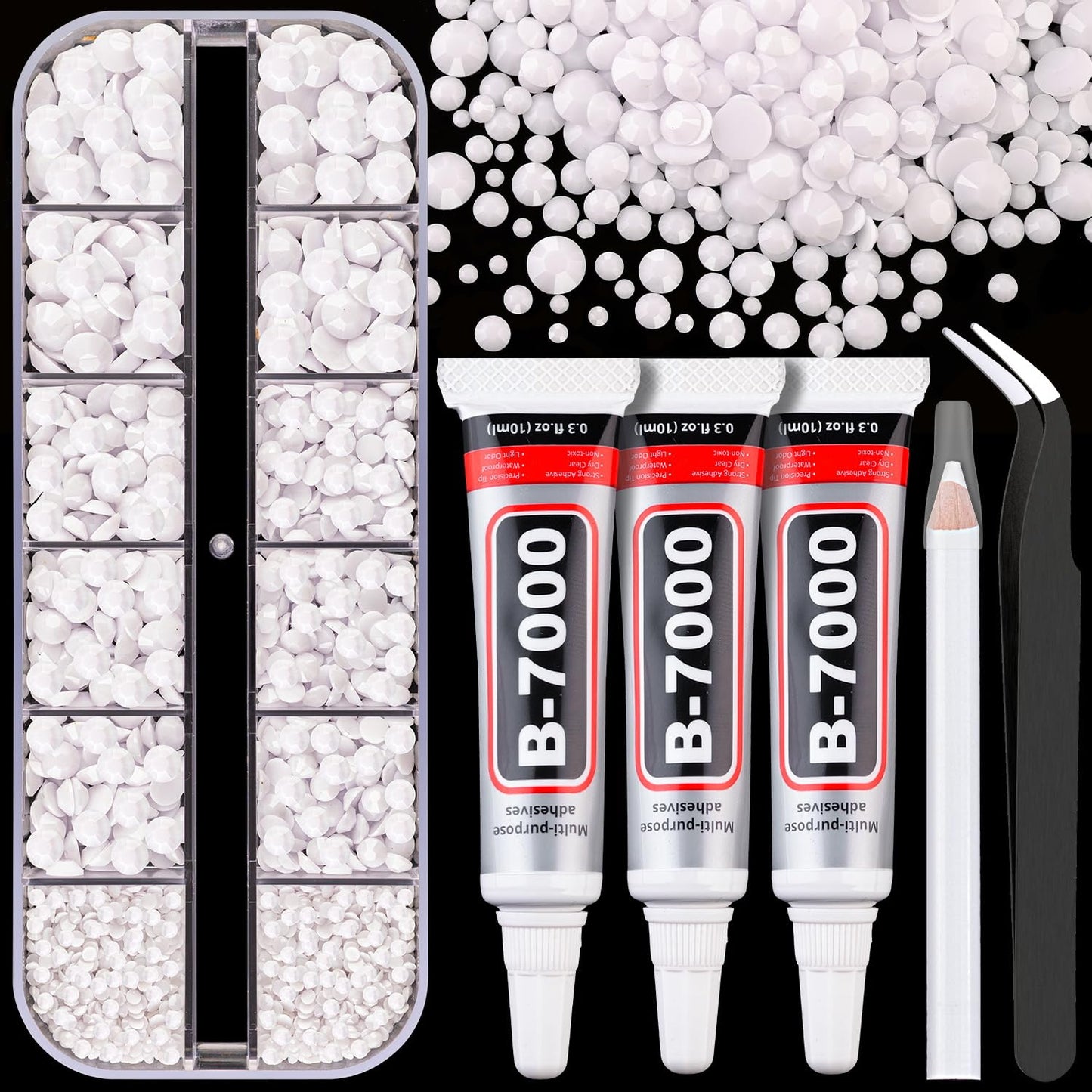 Resin Rhinestones for Crafting with B7000 Jewelry Glue, 1 Box White Flatback Crystals with 3Pcs 10ml Glue for Bedazzling Crafts DIY Nail Art Makeup，Non Hotfix Gems for Clothing Shoes