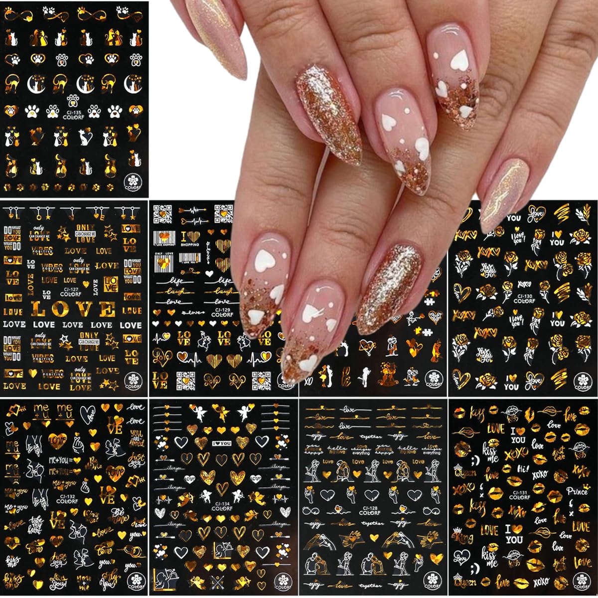 9 Valentines Nail Art Heart Stickers - Self-Adhesive Gold, 3D Rose Love Cupid Heart Letter Nail Decals for Women