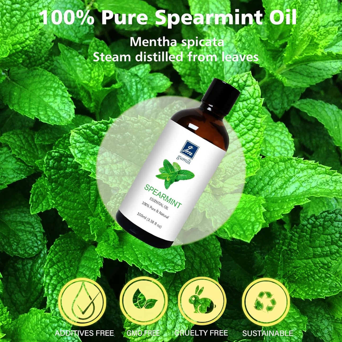 Spearmint Essential Oil, 100% Pure Undiluted Spearmint Oil for Skin, Hair, Aromatherapy - 100ml/3.38 oz
