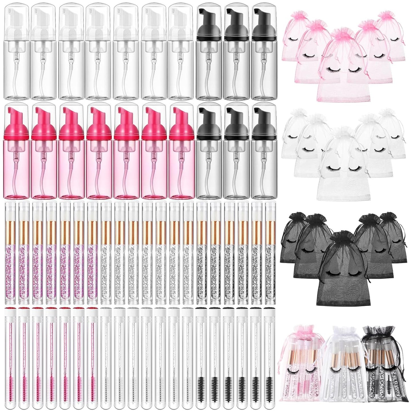 Zhehao 80 Pcs Lash Shampoo Bottle Brushes Kit 20 Foam Pump Dispensers 20 Lash Shampoo Brushes 20 Eyelash Aftercare Bag 20 Cleaning Pipes, Eyelash Extension Supplies(Colorful)