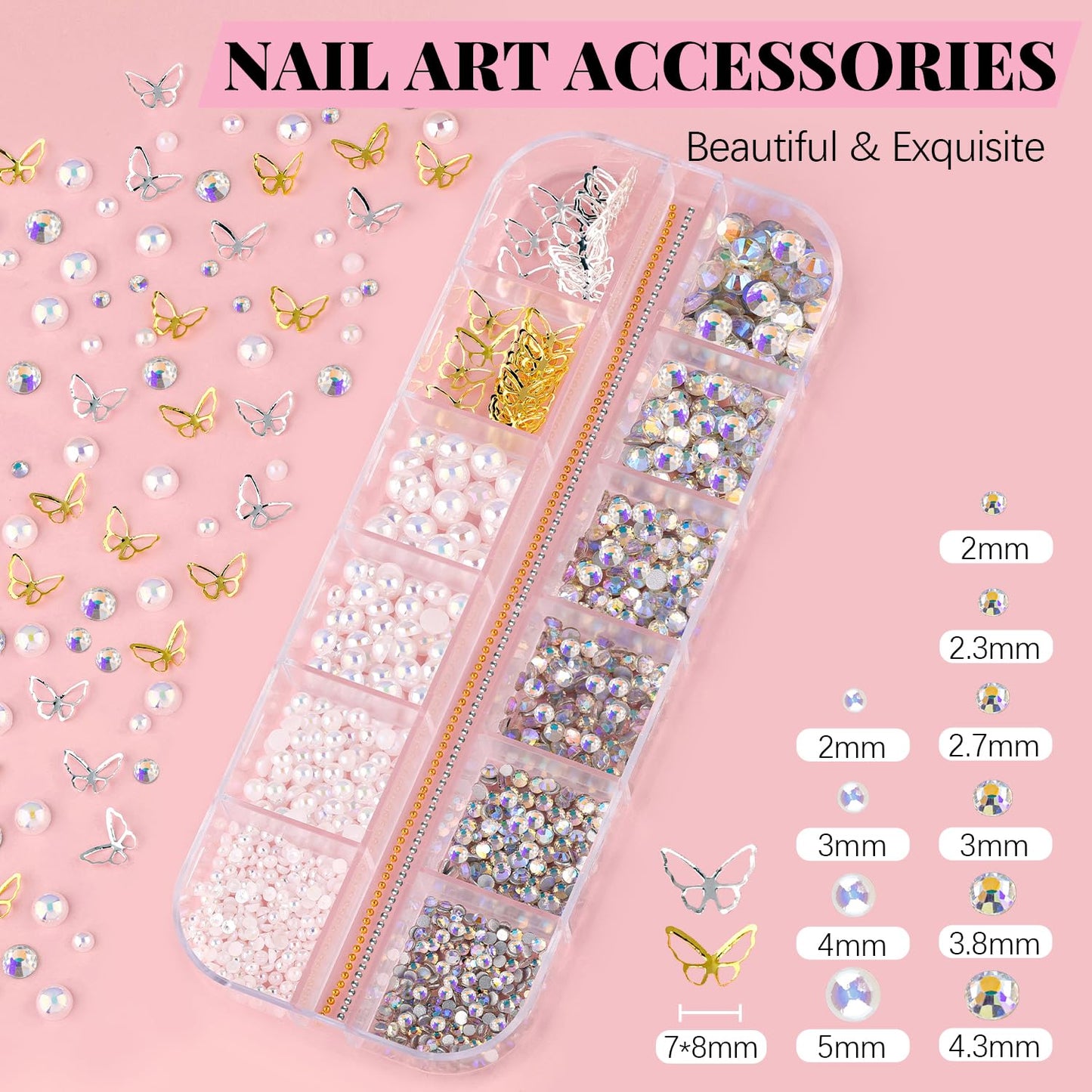 3D Nail Charms, Butterfly White Pink Acrylic Flower Starry AB Gemstones Caviar Beads Half Round Pearl, Flat Back Glass Crystal AB + Clear Round Gems Rhinestones for Nails with Pickup & Dotting Tools