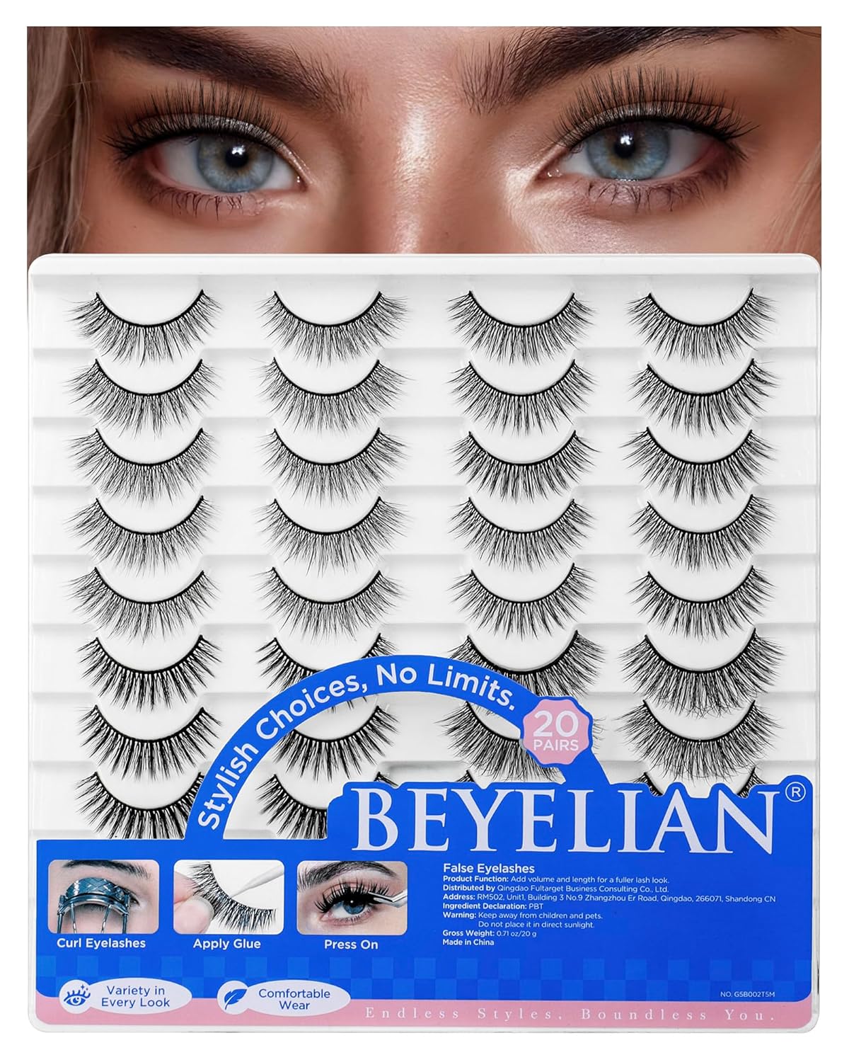 BEYELIAN False Eyelashes Natural Look 20 Pairs Strip Lashes, Wispy Lash Pack Soft 3D Volume Faux Mink Lashes That Look Like Extensions C-MIX-1