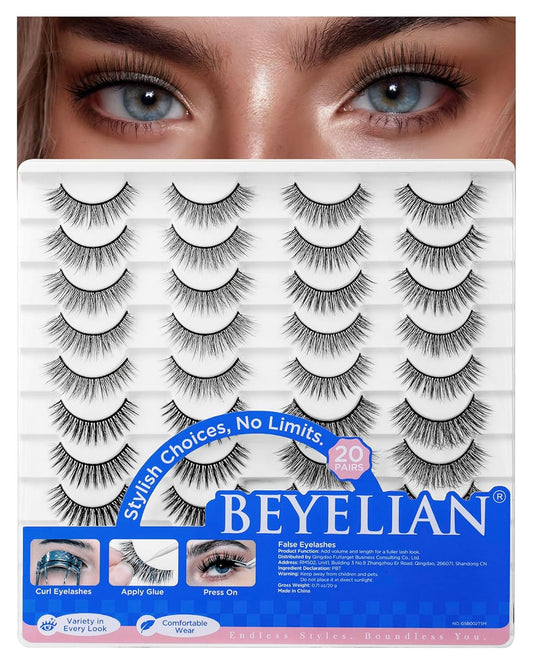 BEYELIAN False Eyelashes Natural Look 20 Pairs Strip Lashes, Wispy Lash Pack Soft 3D Volume Faux Mink Lashes That Look Like Extensions C-MIX-1