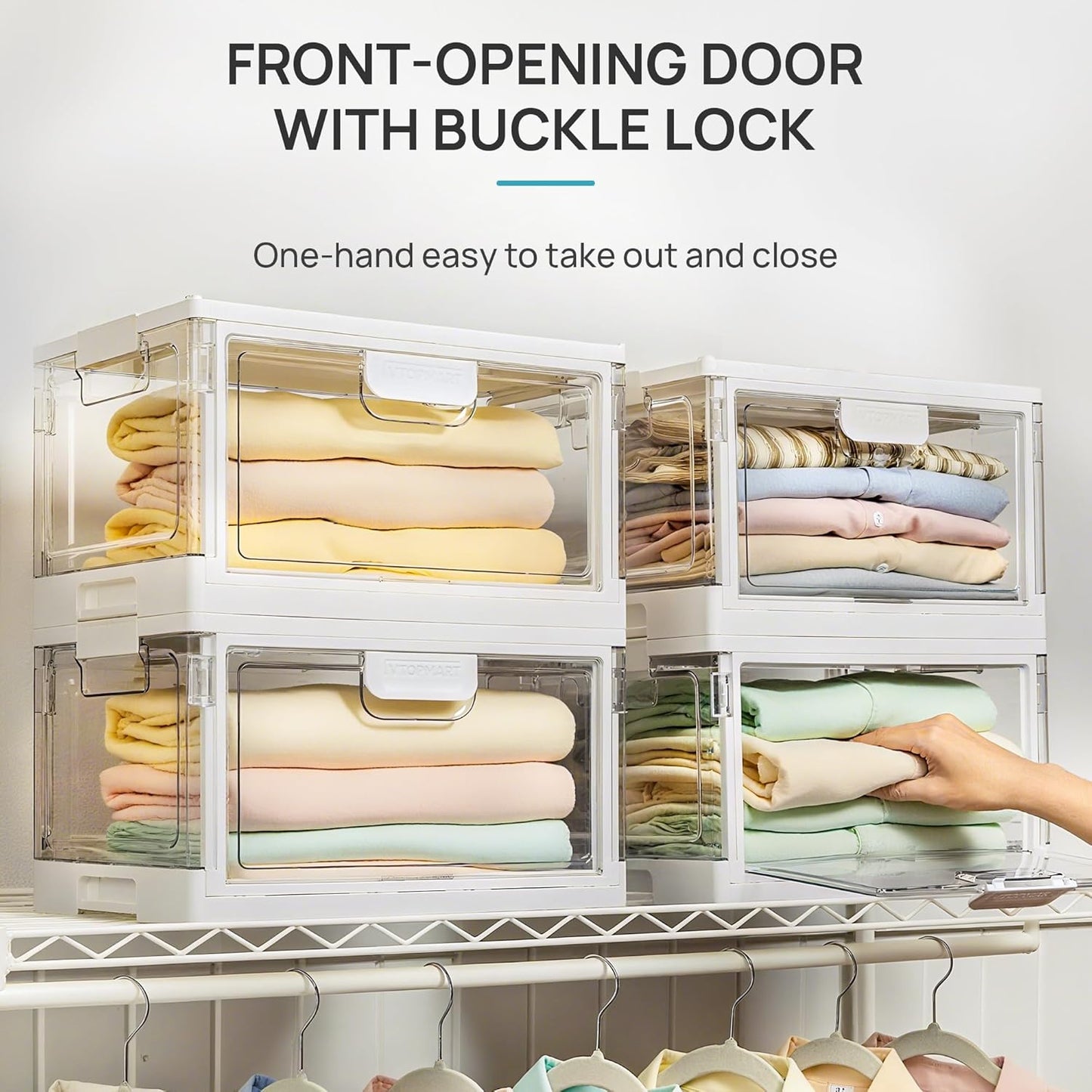 Vtopmart 2 Pack Stackable Storage Bins with Lids,24QT Clear Foldable Closet Organizer with Front-Open Doors,Plastic Storage Containers for Living Room, Bedroom, Craft Room, Dorm Organization