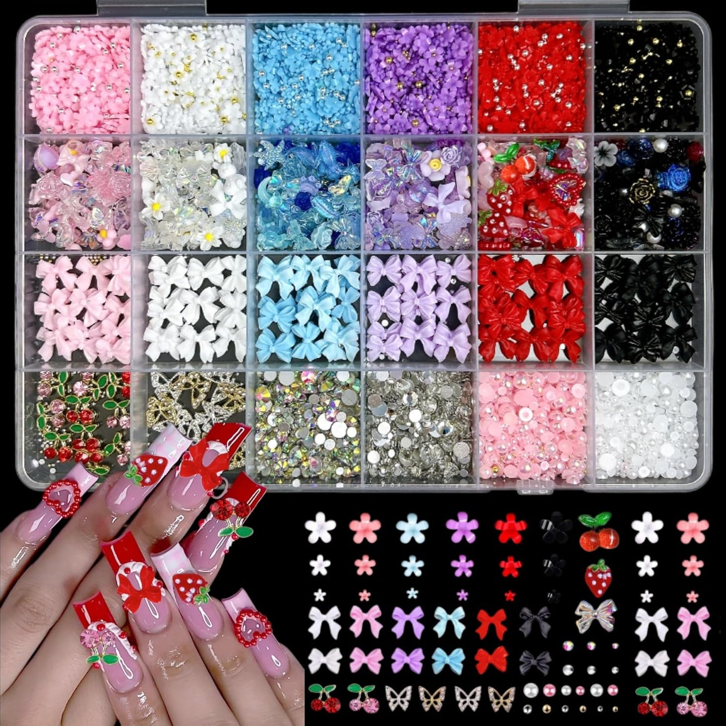 3D Flowers Nail Charms Y2K Kit, Metal Butterfly Cherry Colorful Bow Charms for Nails Art Gems, White and Pink Bows Pearls Charms for Nail Manicure DIY Crafts Jewelry Accessories
