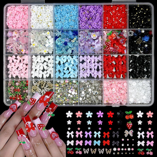 3D Flowers Nail Charms Y2K Kit, Metal Butterfly Cherry Colorful Bow Charms for Nails Art Gems, White and Pink Bows Pearls Charms for Nail Manicure DIY Crafts Jewelry Accessories