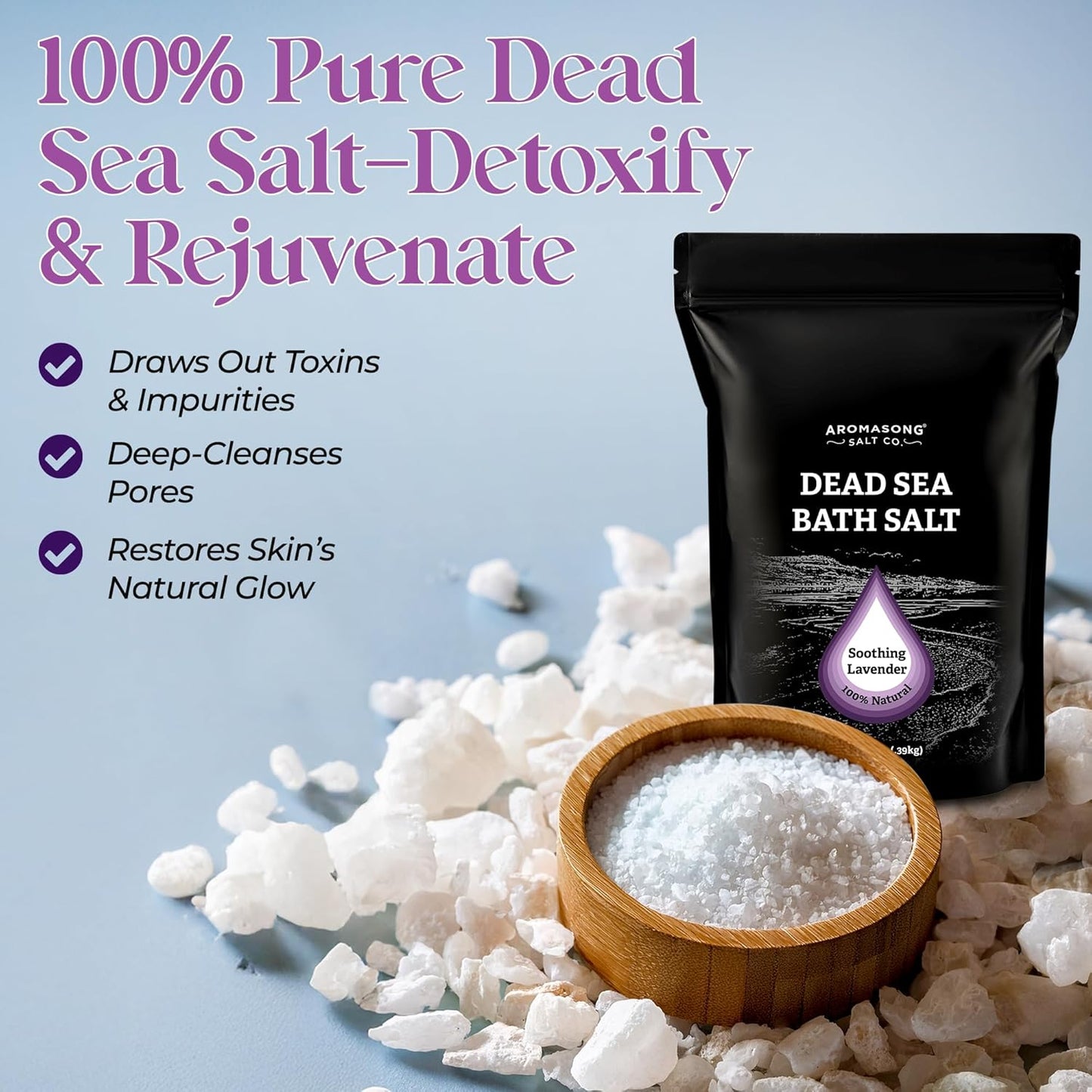 Aromasong Pure Dead Sea Salt for Soaking with 100% Natural Lavender, 14 Oz. - Spa Bath Salt Fine Grain - Body Wash Scrub - Soak for Women & Men- Resealable Pack