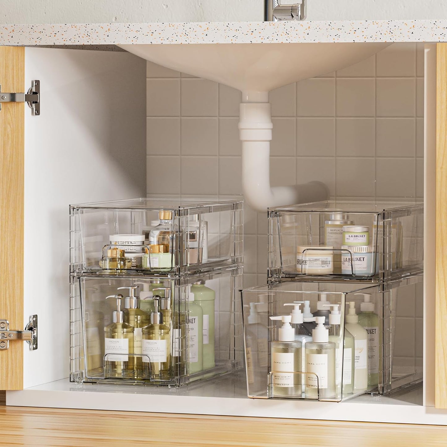 Vtopmart 8 Pack Clear Stackable Storage Drawers,Easy to Assemble Bathroom Organizers and Storage with handles,Plastic Drawers for Kitchen Pantry,Cabinet,Under Sink Organization