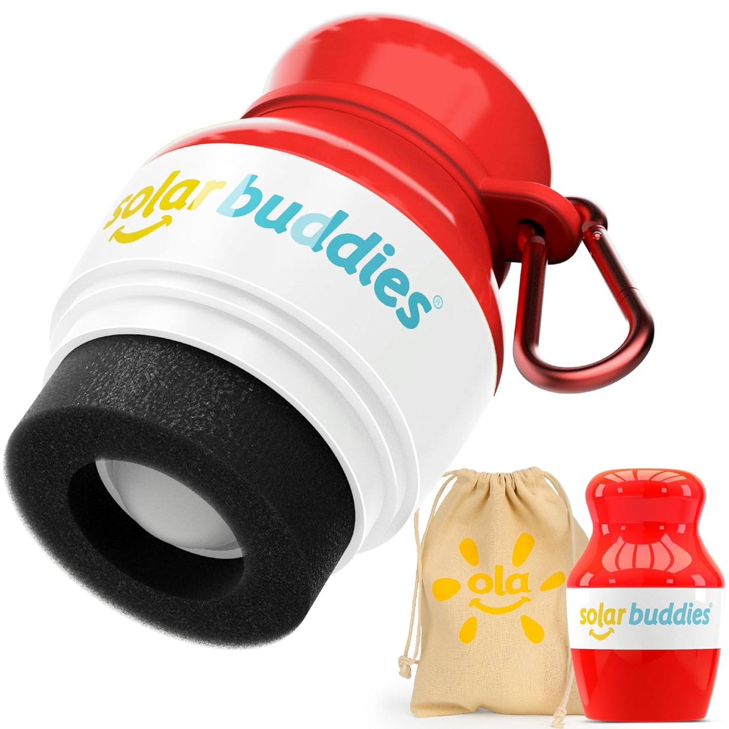 Solar Buddies Bag Bundle & Carabina Clip - Full Red - Refillable Roll on Sponge Sunscreen, Suncream & Lotion Applicator For Kids, Adults & Families - Holds 3.4fl oz, Perfect Size for Travel