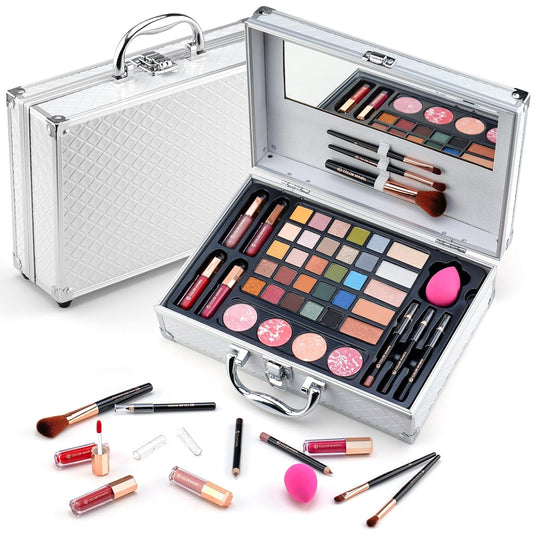 Makeup Kit for Women,All in One Makeup Gift Set for Girls in Cosmetic Train Case (White) With Mirror,Full Starter Cosmetic Kit Includes Eyeshadow Palette,Lipgloss,Blushes